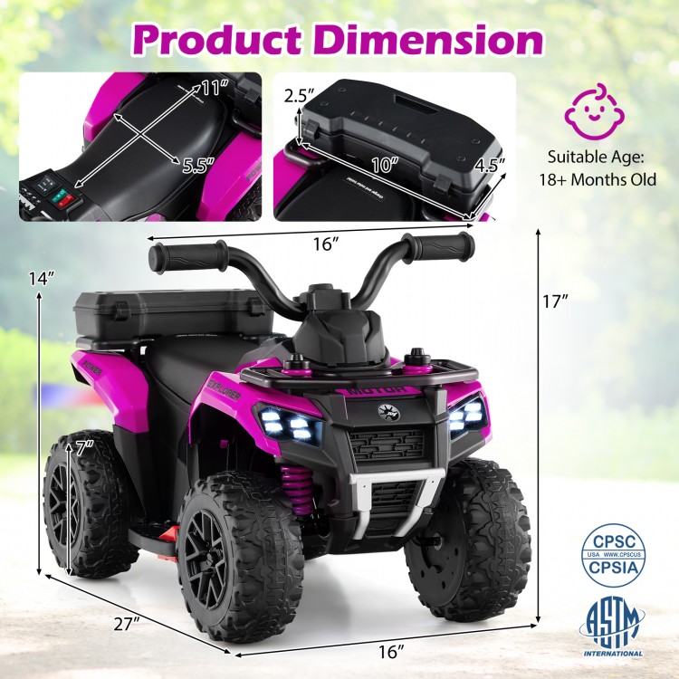 6V Kids Ride On ATV in pink with storage box, featuring spray function, music, and premium tires for smooth rides.