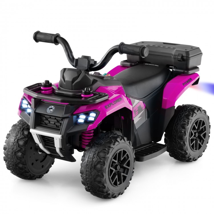 Kids ride-on ATV in pink with spray function, storage box, and music features for fun outdoor adventures.