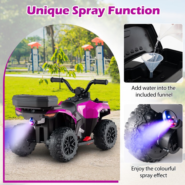 Kids ride-on ATV in pink with unique spray function, storage box, and built-in music for fun outdoor adventures.