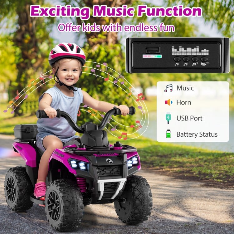Kids ride-on ATV in pink with music, spray function, and storage box, designed for safe and fun outdoor adventures.