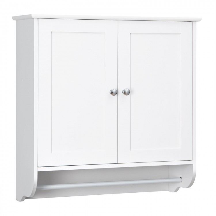Wall-mounted white wooden cabinet with a door and shelf, ideal for bathroom storage and organization.