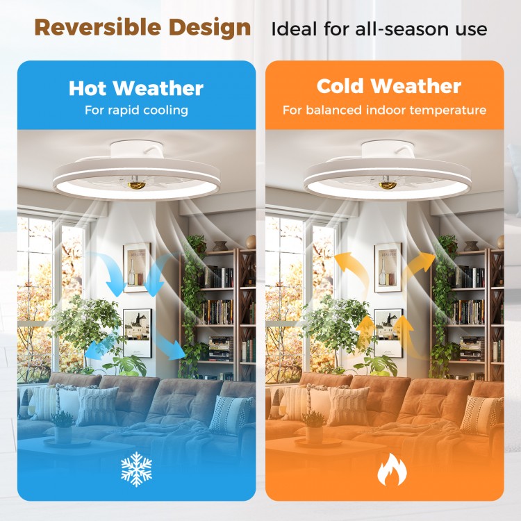 19-inch low-profile ceiling fan with reversible blades, adjustable LED color temperature, ideal for year-round comfort.
