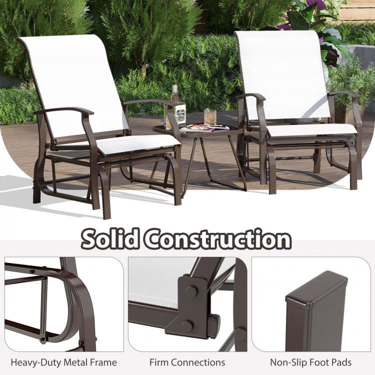 Outdoor glider chairs set of 2 in beige with ergonomic backrest, sturdy metal frame, ideal for patio relaxation.
