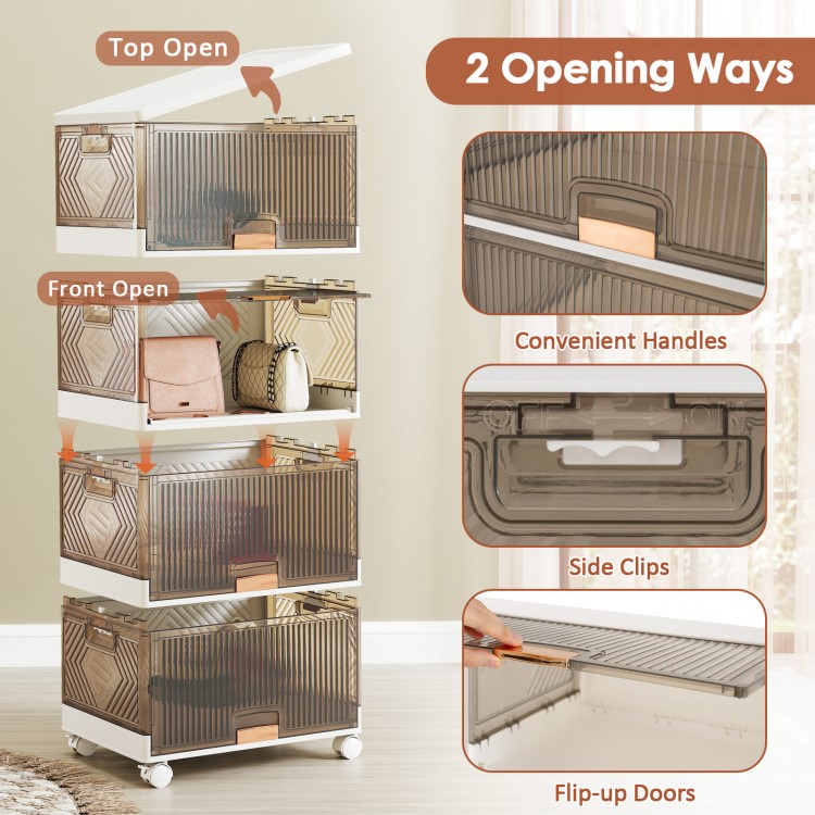 4-cube stackable storage bin with top and front opening, detachable wheels, and convenient handles for easy access.