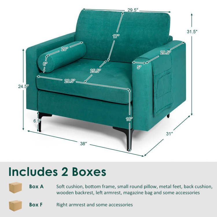 Modern accent chair in teal suede fabric with removable cushions and armrest storage, perfect for living room or office.