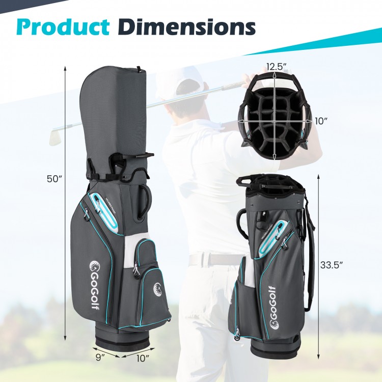 Lightweight gray golf cart bag with 14-way top dividers and 6 zippered pockets for organized club storage.