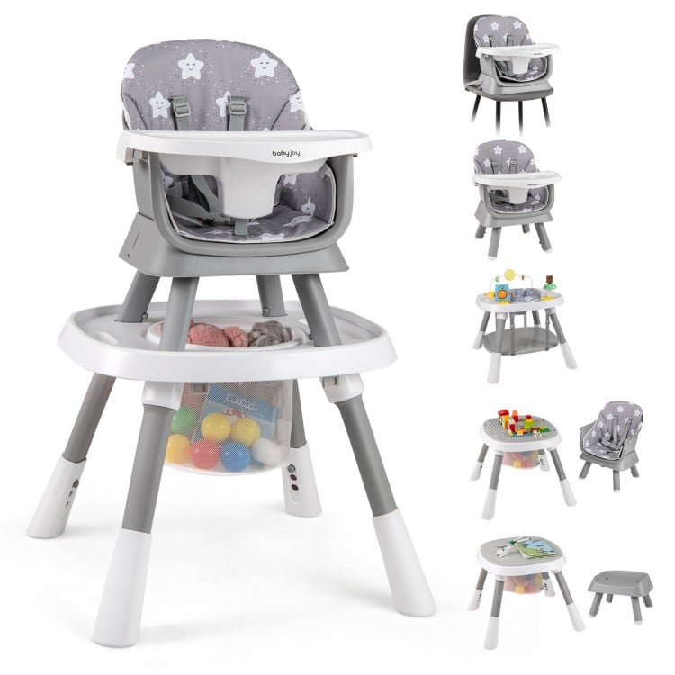 16-in-1 baby high chair in grey with adjustable height, activity center, and toy storage for versatile use.