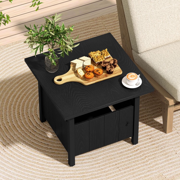 Black outdoor side table with 1.89" umbrella hole, featuring a rustic wood-like surface, perfect for patio use.