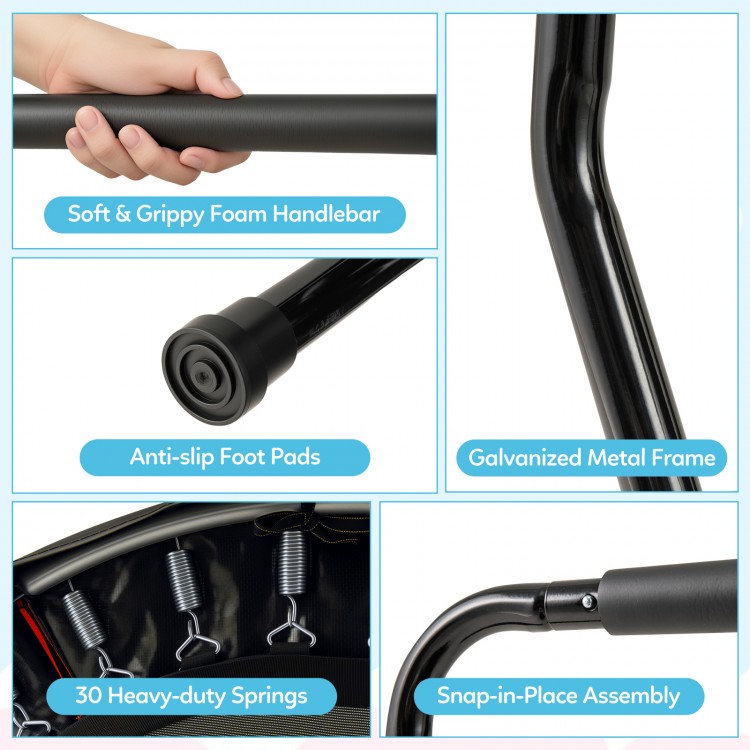 Close-up of the foam handle and galvanized metal frame of the 40-inch trampoline for kids, designed for safety and.