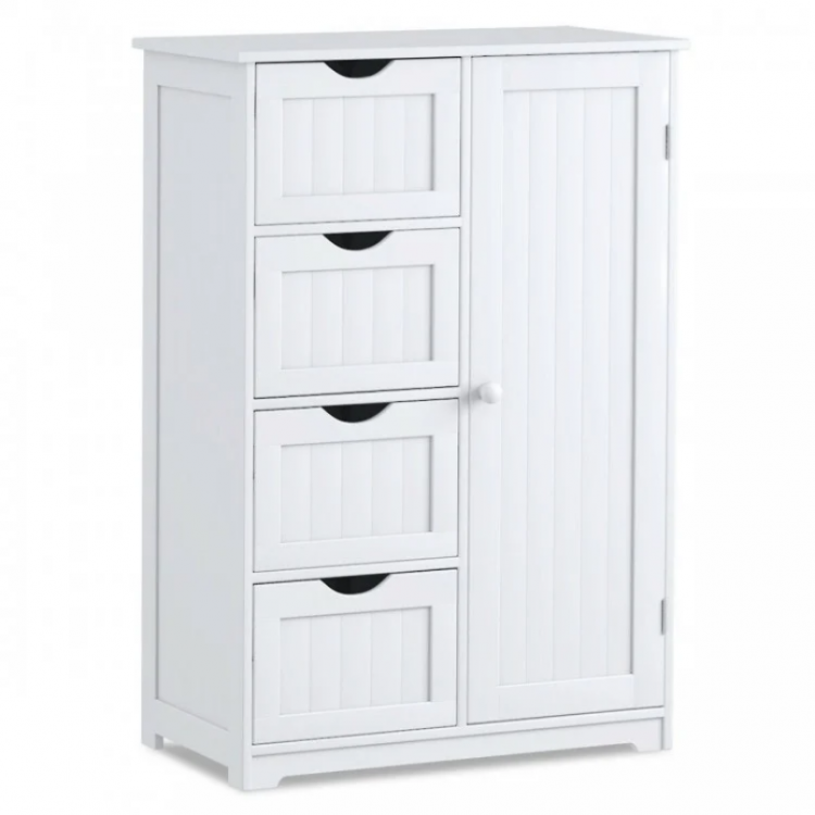 White wooden cabinet with four drawers and one door, ideal for bathroom storage and laundry organization.
