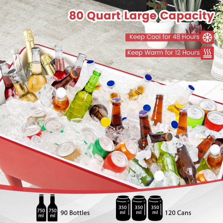 Red portable outdoor patio cooler cart with 80 Quart capacity, keeping drinks cool for 72 hours, perfect for parties.