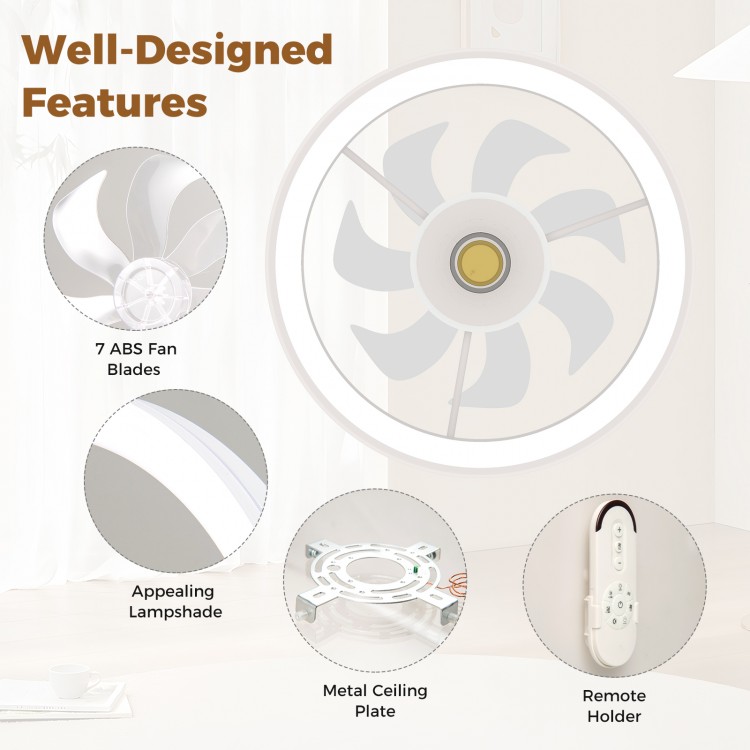 Close-up of the 19-inch ceiling fan's appealing lampshade and 7 ABS fan blades, ideal for low-profile installations.
