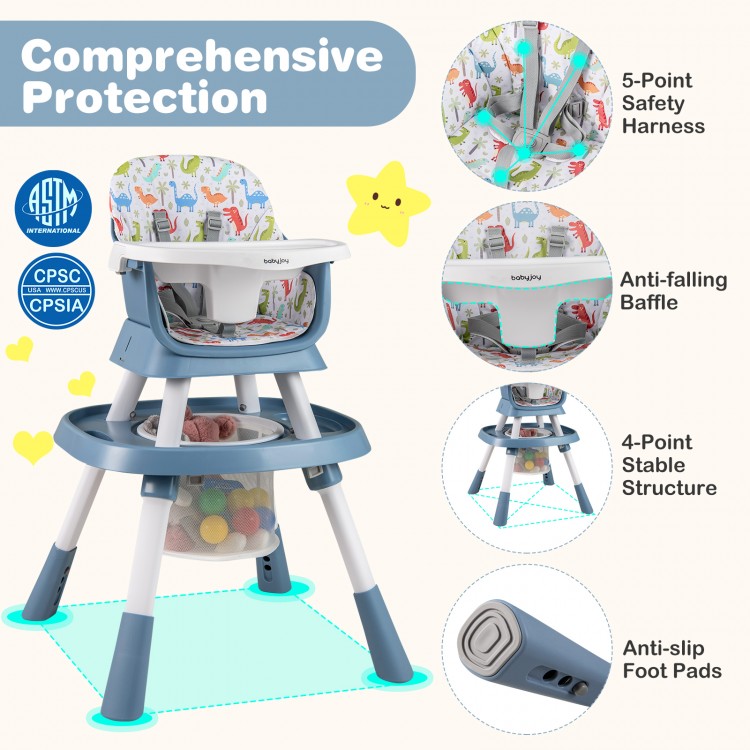 16-in-1 baby high chair in celadon with adjustable height, 5-point harness, and activity center for versatile use.
