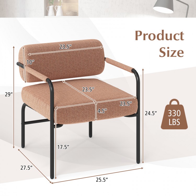 Brown velvet upholstered accent chair with cylindrical backrest and metal armrests, perfect for living room or home.