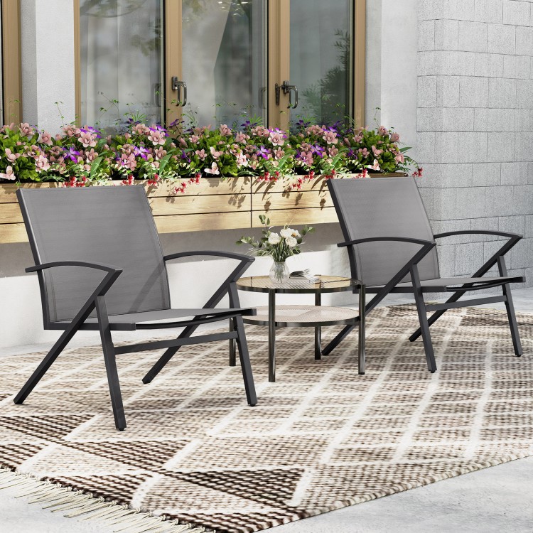 Set of 2 grey patio chairs with heavy-duty metal frame, featuring contoured backrests and curved armrests for comfort.