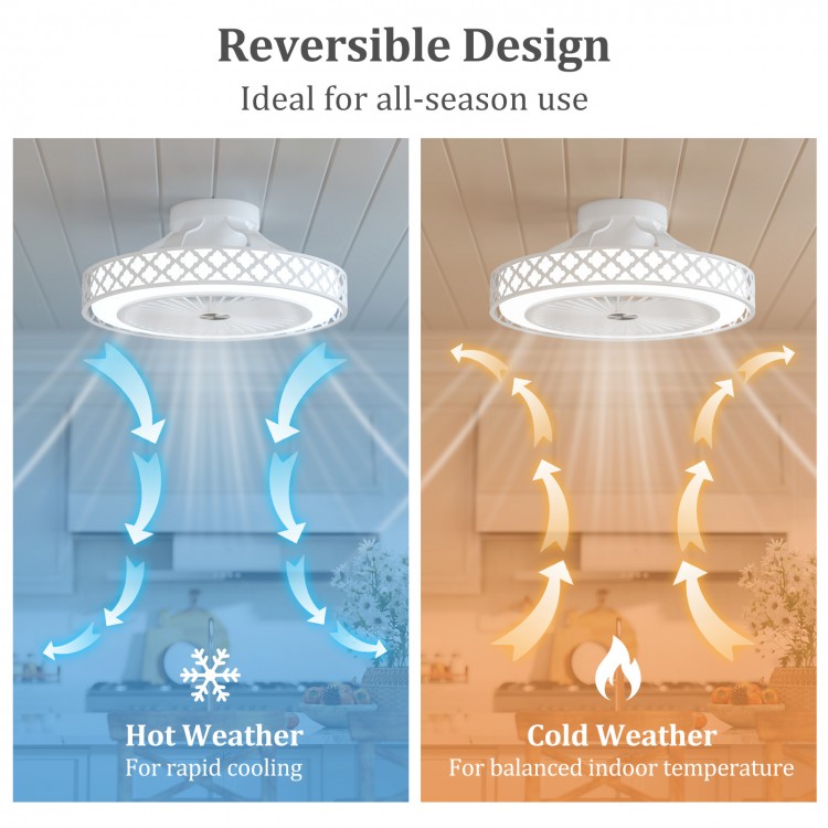 19-inch white ceiling fan with light showing reversible design for hot and cold weather, ideal for year-round comfort.