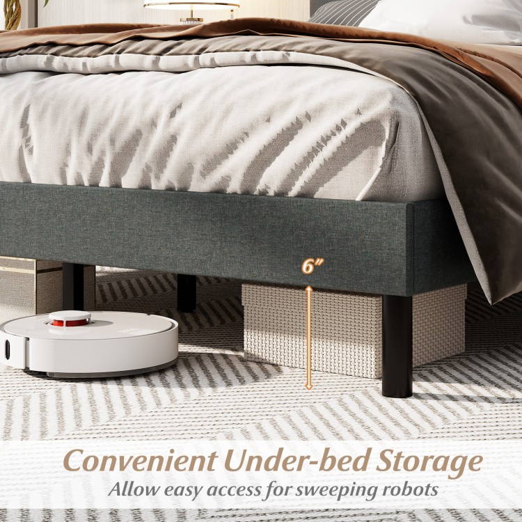 Queen size upholstered bed frame in dark gray with 6 inches of under-bed storage for easy cleaning access.