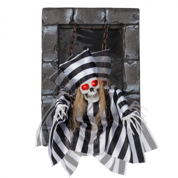 Hanging 18-inch animated skull prisoner decoration with LED eyes, sound effects, and realistic chained design for.