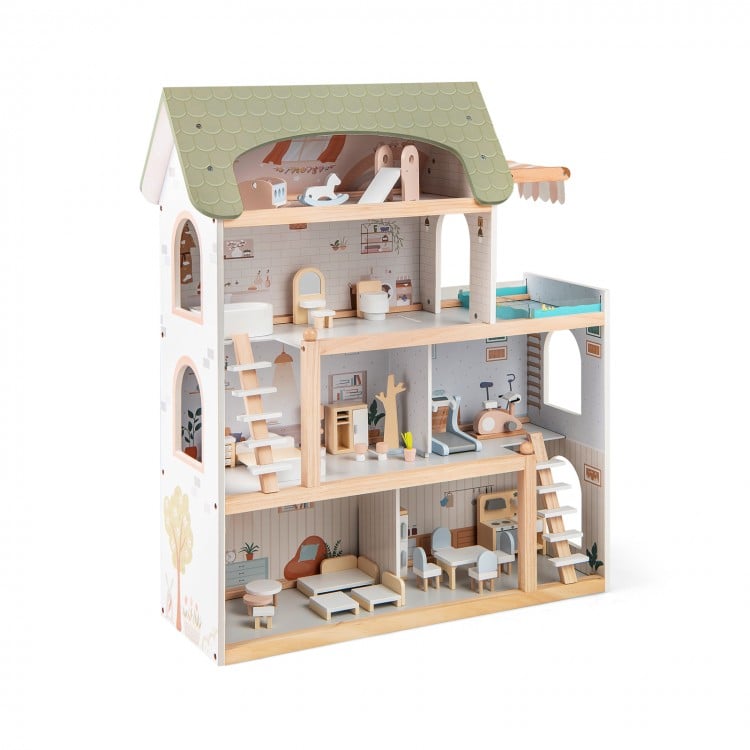 Wooden dollhouse with green roof, 33 furniture pieces, and movable stairs for interactive pretend play. Suitable for.