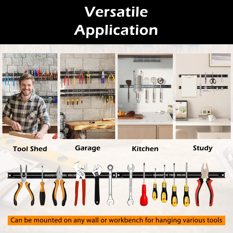 18-inch black magnetic tool holder strip with tools, ideal for garage, kitchen, or study organization and easy.