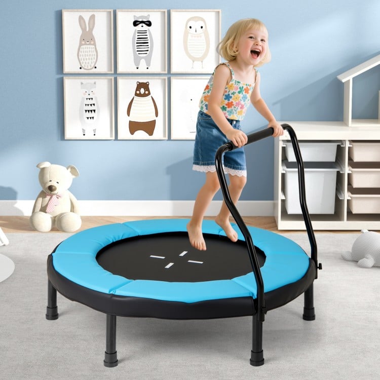 40-inch blue trampoline for kids with padded edge, foam handle, and galvanized frame, perfect for indoor and outdoor.