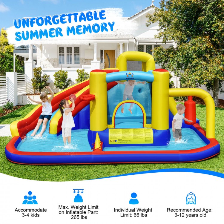 7-in-1 inflatable water slide with splash pool, climbing wall, and games for 4 kids, made of durable oxford fabric.