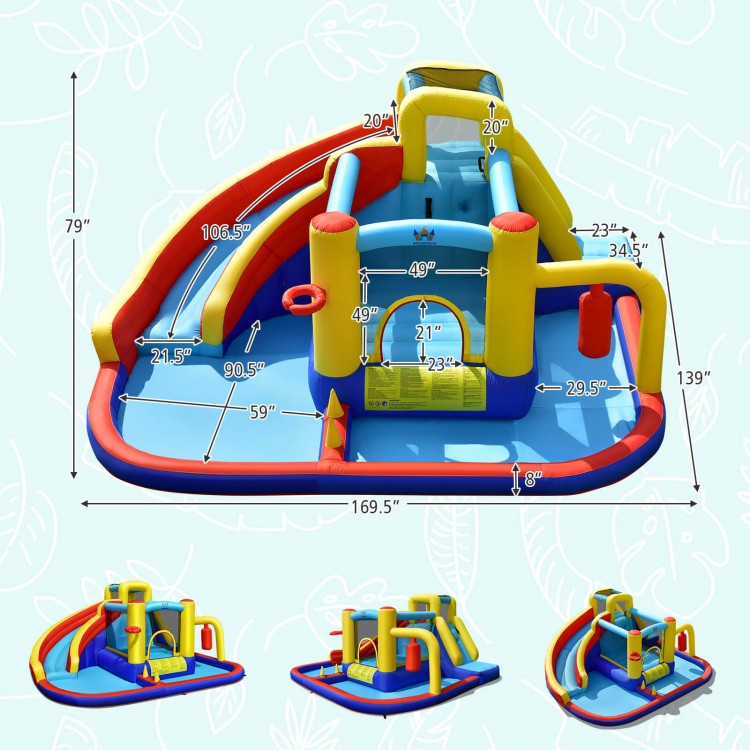 7-in-1 inflatable water slide with climbing wall, splash pool, and games for outdoor fun, accommodating 4 kids.
