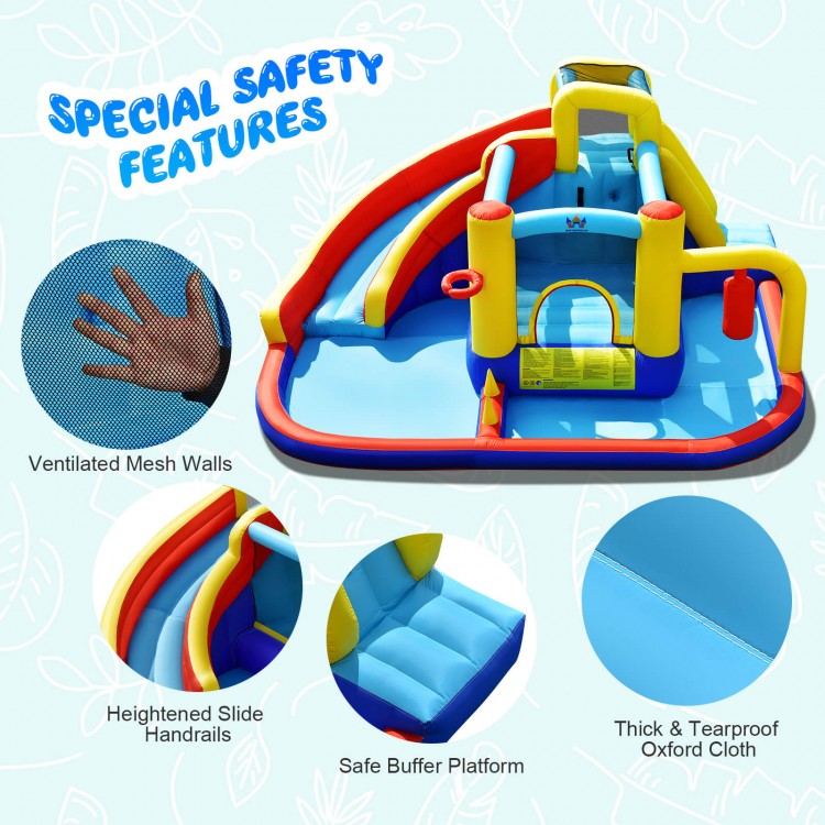 Inflatable water slide with safety features, including ventilated mesh walls and reinforced handrails for secure play.