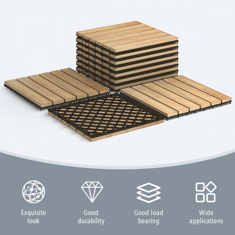 Acacia wood interlocking tile flooring set, featuring 10 durable 12x12 inch tiles for easy assembly in outdoor spaces.
