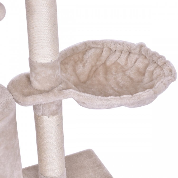 Close-up of the cozy platform on the 56-inch cat play tree, featuring soft fabric for lounging and scratching.