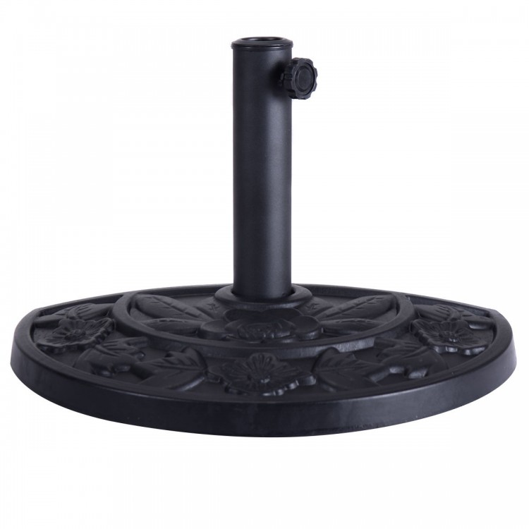 Half round outdoor patio umbrella base with ornate flower design, made of rust-free resin in antique black finish.
