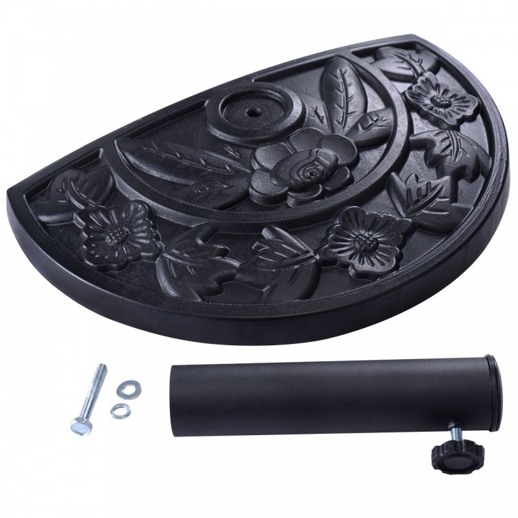 Half round outdoor patio umbrella base with ornate flower design, made of rust-free resin, for stable support.
