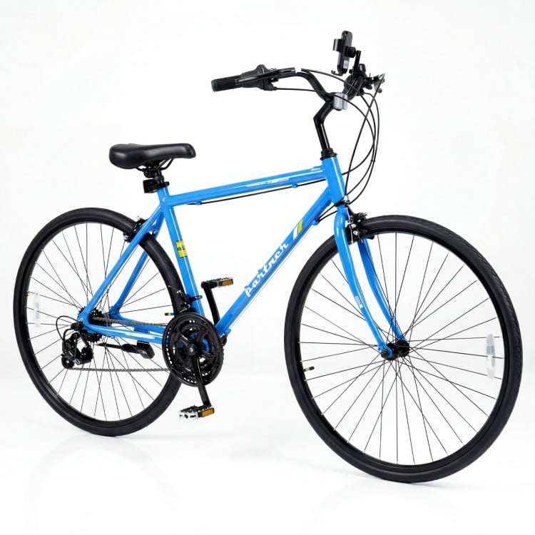 Blue 700C hybrid bike with aluminum frame, 18-speed Shimano drivetrain, and phone holder for urban riding.