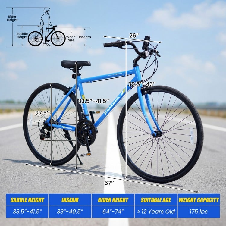 Blue 700C hybrid bike with adjustable saddle, 18-speed Shimano drivetrain, and phone holder for urban riding.
