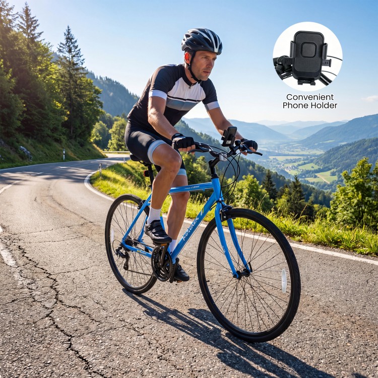 Hybrid bike with 700C tires, Shimano 18-speed drivetrain, and phone holder, perfect for smooth urban rides.