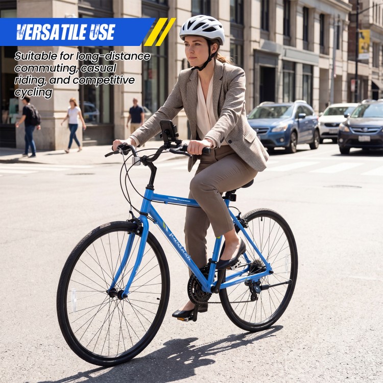 Blue 700C hybrid bike with 18-speed Shimano drivetrain, adjustable saddle, and phone holder for urban commuting.