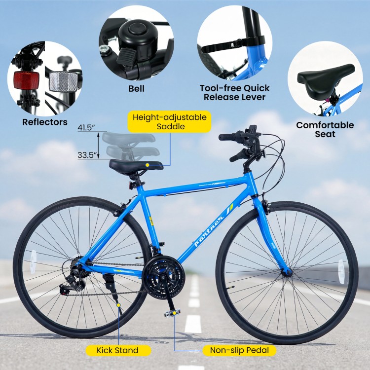 Blue 700C hybrid bike featuring an adjustable saddle, Shimano 18-speed drivetrain, and non-slip pedals for urban rides.