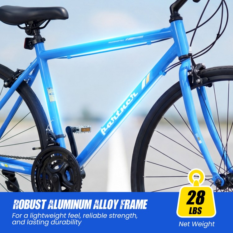 Blue 700C hybrid bike featuring a robust aluminum alloy frame, 18-speed Shimano drivetrain, and phone holder for urban.