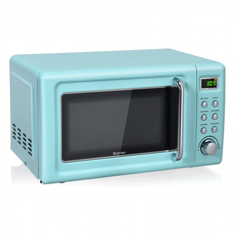 Retro green 700W countertop microwave oven with 5 power levels and LED display, ideal for small apartments and dorms.