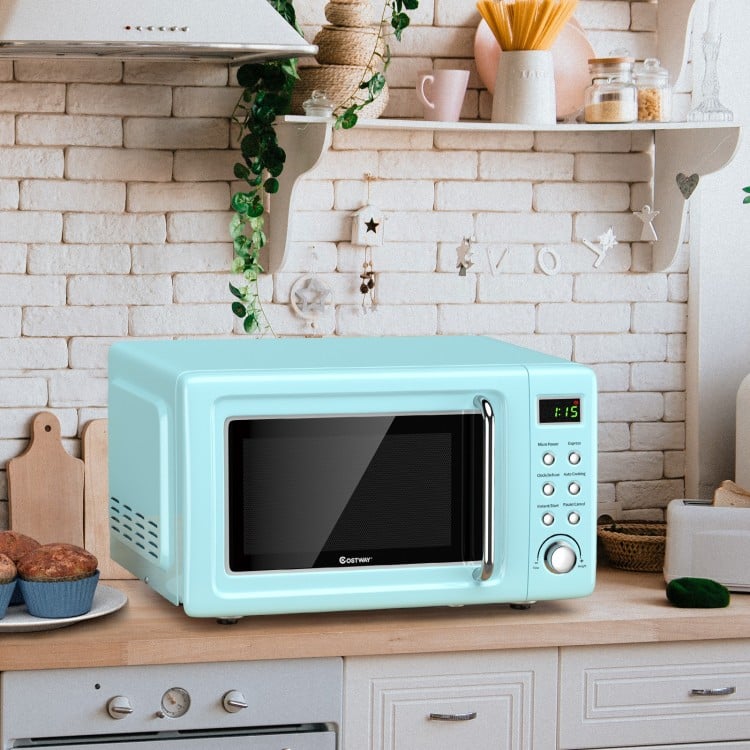 Retro green 700W countertop microwave oven with LED display, 5 power levels, and child lock, perfect for small spaces.
