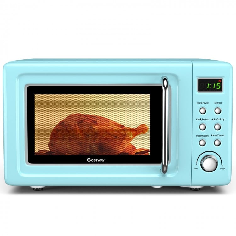 Retro countertop microwave oven in green, featuring 700W power, 5 levels, and auto cooking functions for small spaces.