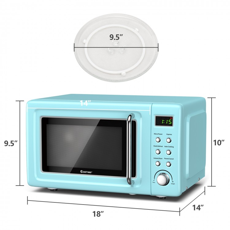 Retro green 700W countertop microwave oven with LED display, 5 power levels, and rotating glass plate for even heating.