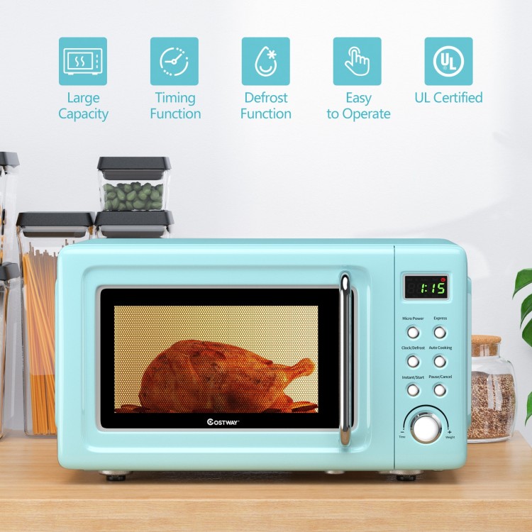 Retro green 700W countertop microwave oven with 5 power levels and easy-to-operate control panel for small spaces.