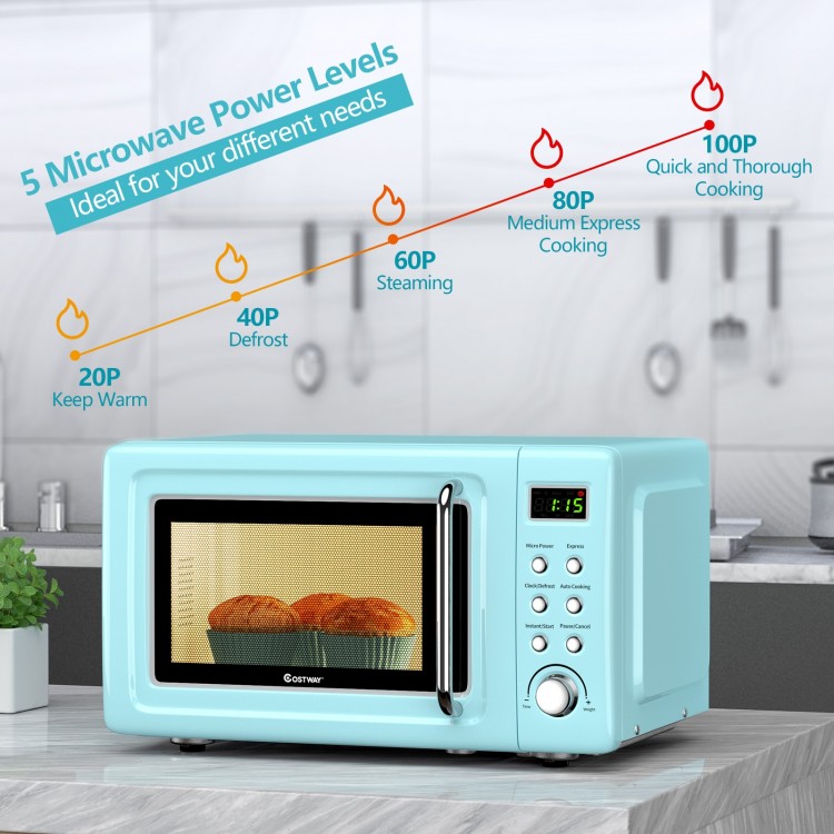 Retro green 700W countertop microwave oven showcasing 5 power levels and steam cooking function, perfect for quick.