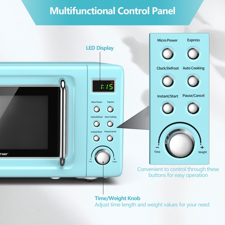 Retro green microwave oven control panel with LED display, featuring 5 power levels and easy-to-use buttons for cooking.
