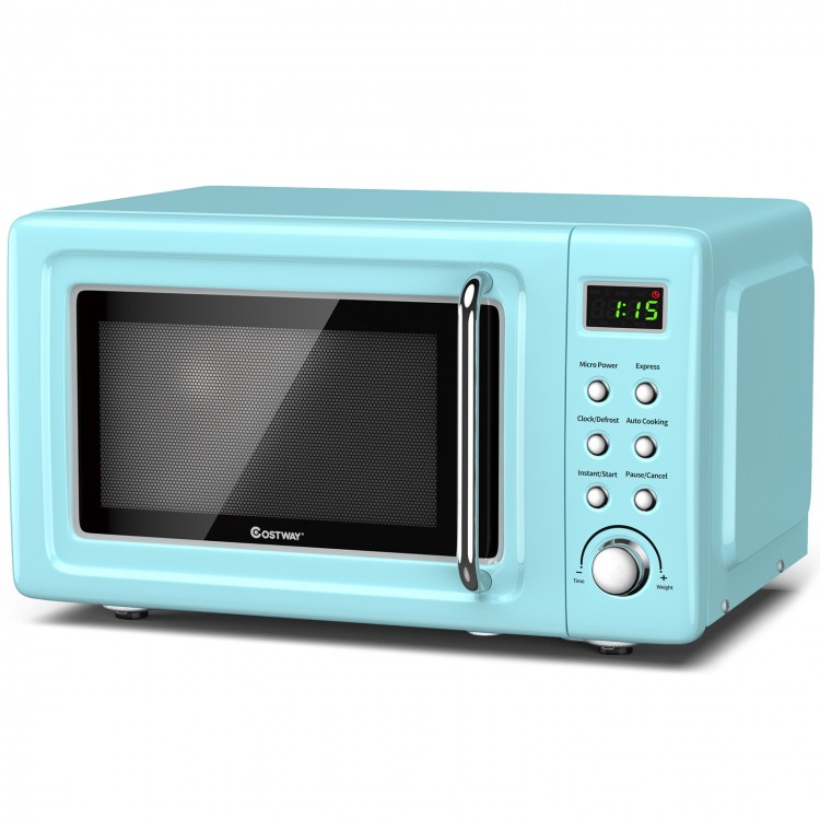 Retro countertop microwave oven in green with 700W power, 5 levels, and auto cooking function for convenient meal prep.