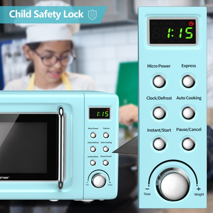 Retro green countertop microwave oven with child safety lock, LED display, and 5 micro power levels for versatile.