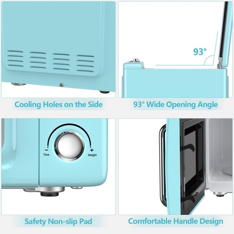 Close-up of the 700W retro countertop microwave oven in green, featuring a comfortable handle and safety non-slip pad.