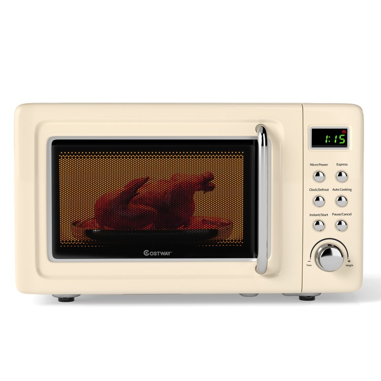 Cream white 700W retro countertop microwave oven with LED display and 5 power levels, ideal for small spaces.