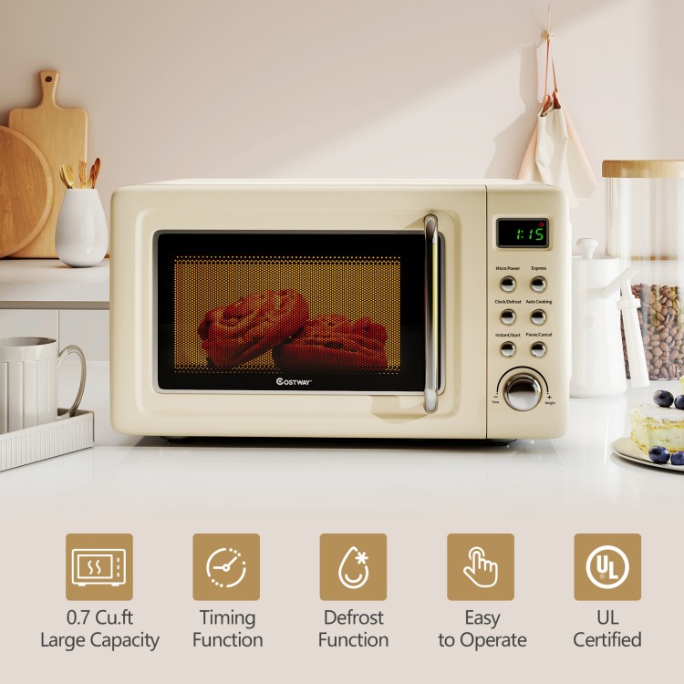 Cream white 700W retro countertop microwave oven with 0.7 cu. ft. capacity, featuring easy-to-operate controls for.